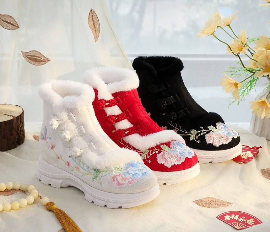 Floral Furry Trim Boots Lace-Up Short Embroidery