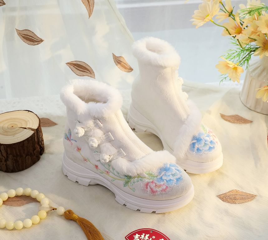 Floral Furry Trim Boots Lace-Up Short Embroidery