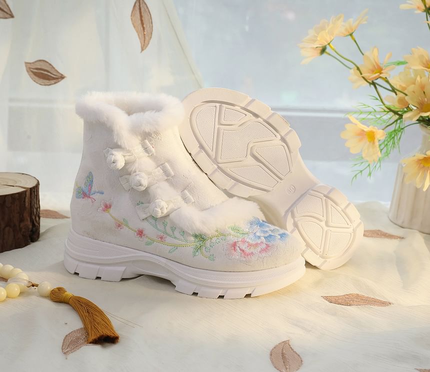 Floral Furry Trim Boots Lace-Up Short Embroidery