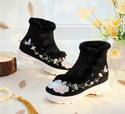 Floral Furry Trim Boots Lace-Up Short Embroidery