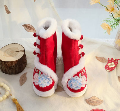 Floral Furry Trim Boots Lace-Up Short Embroidery