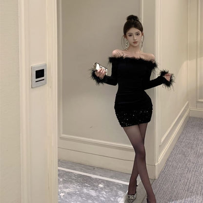 Mini Dress Off-Shoulder Sheath Long-Sleeve Fluffy Plain Sequin Trim