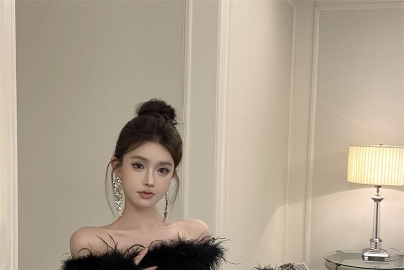 Mini Dress Off-Shoulder Sheath Long-Sleeve Fluffy Plain Sequin Trim