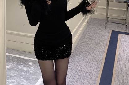 Mini Dress Off-Shoulder Sheath Long-Sleeve Fluffy Plain Sequin Trim