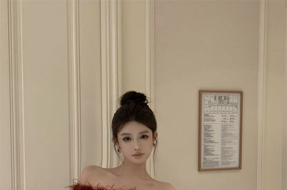 Mini Dress Off-Shoulder Sheath Long-Sleeve Fluffy Plain Sequin Trim