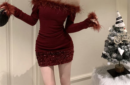 Mini Dress Off-Shoulder Sheath Long-Sleeve Fluffy Plain Sequin Trim