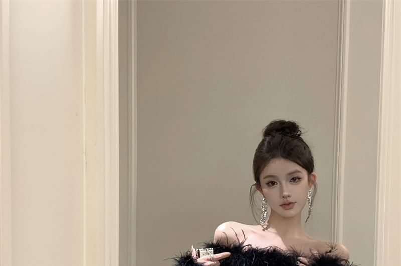 Mini Dress Off-Shoulder Sheath Long-Sleeve Fluffy Plain Sequin Trim