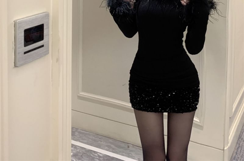Mini Dress Off-Shoulder Sheath Long-Sleeve Fluffy Plain Sequin Trim