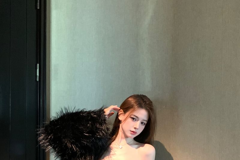 Jacket Bodycon Dress Sequin Panel Leather Tube Fluffy Mini Faux / Plain