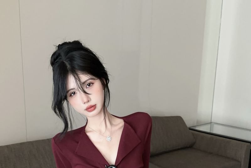 V-Neck Sleeve Plain Ruched Top Long Button