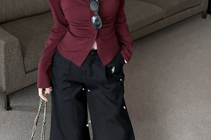 V-Neck Sleeve Plain Ruched Top Long Button