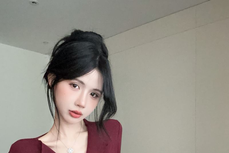 V-Neck Sleeve Plain Ruched Top Long Button