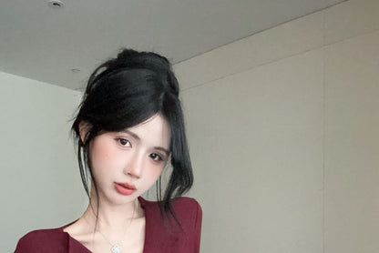 V-Neck Sleeve Plain Ruched Top Long Button