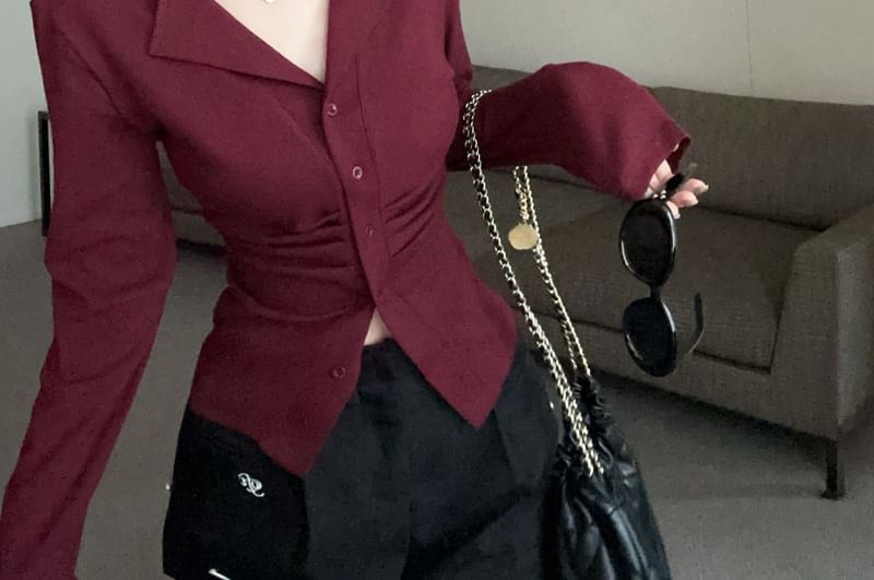 V-Neck Sleeve Plain Ruched Top Long Button