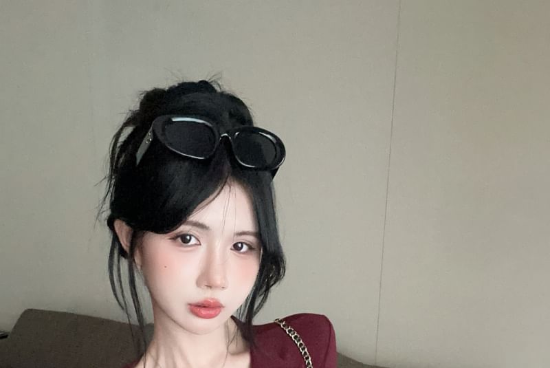 V-Neck Sleeve Plain Ruched Top Long Button