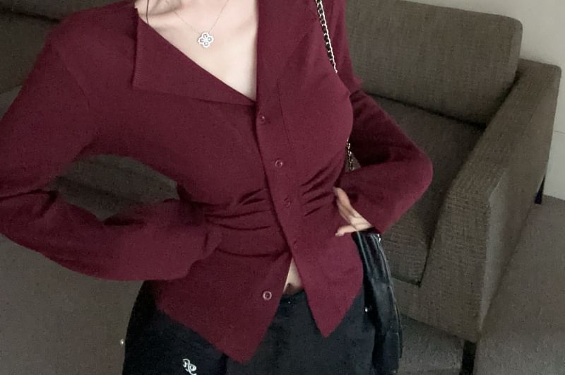 V-Neck Sleeve Plain Ruched Top Long Button
