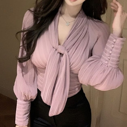 Tie-Neck Puff-Sleeve Blouse Ruched Plain