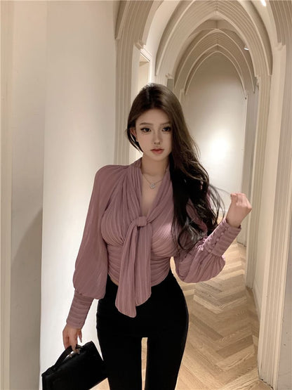 Tie-Neck Puff-Sleeve Blouse Ruched Plain
