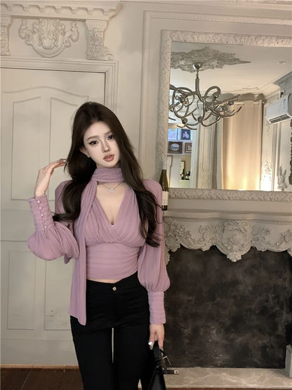 Tie-Neck Puff-Sleeve Blouse Ruched Plain