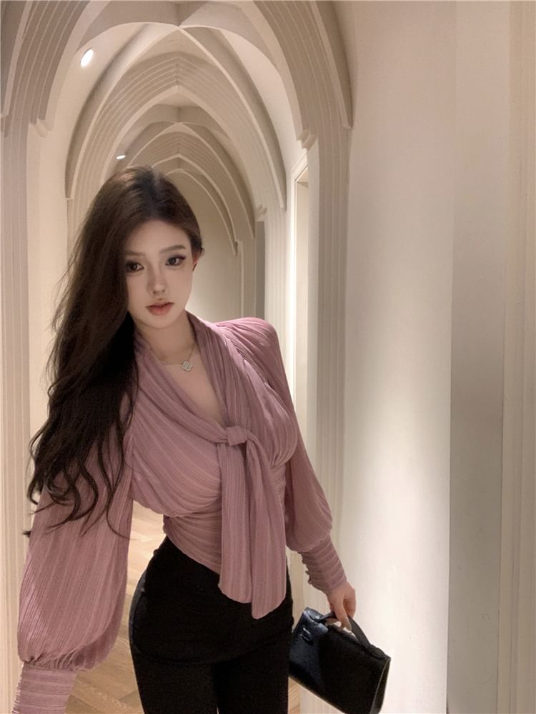 Tie-Neck Puff-Sleeve Blouse Ruched Plain