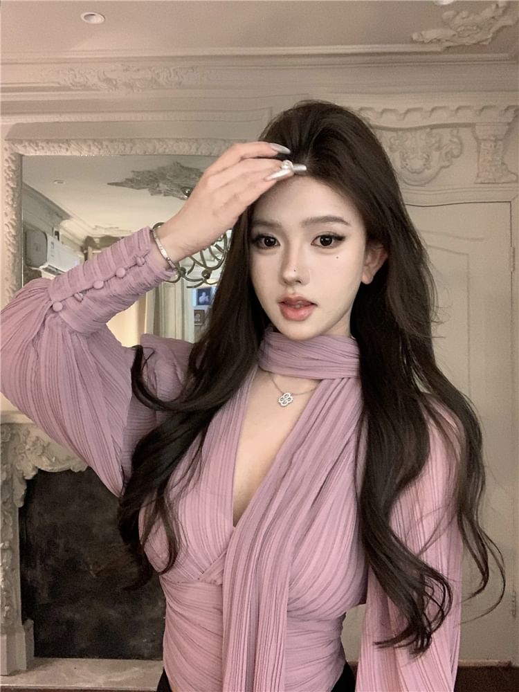 Tie-Neck Puff-Sleeve Blouse Ruched Plain