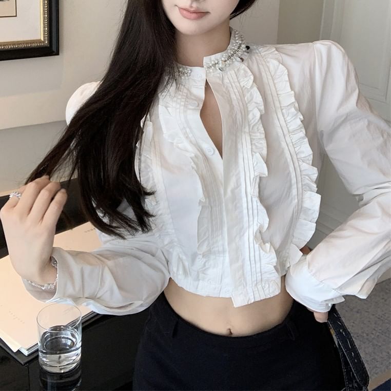 Crop Ruffle Long-Sleeve Plain Shirt