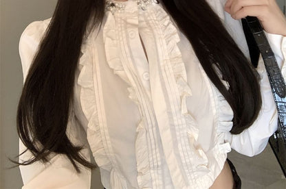 Crop Ruffle Long-Sleeve Plain Shirt