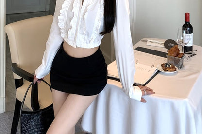 Crop Ruffle Long-Sleeve Plain Shirt