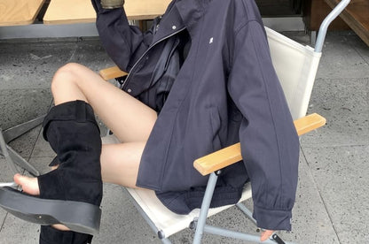 Jacket Stand Collar Zip Embroidered