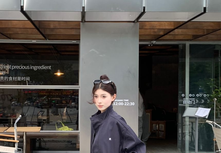 Jacket Stand Collar Zip Embroidered