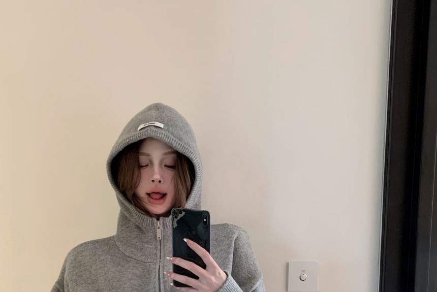 / Applique Shorts Rise Hoodie Knit Melange Zip Mid