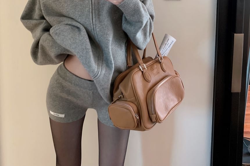 / Applique Shorts Rise Hoodie Knit Melange Zip Mid