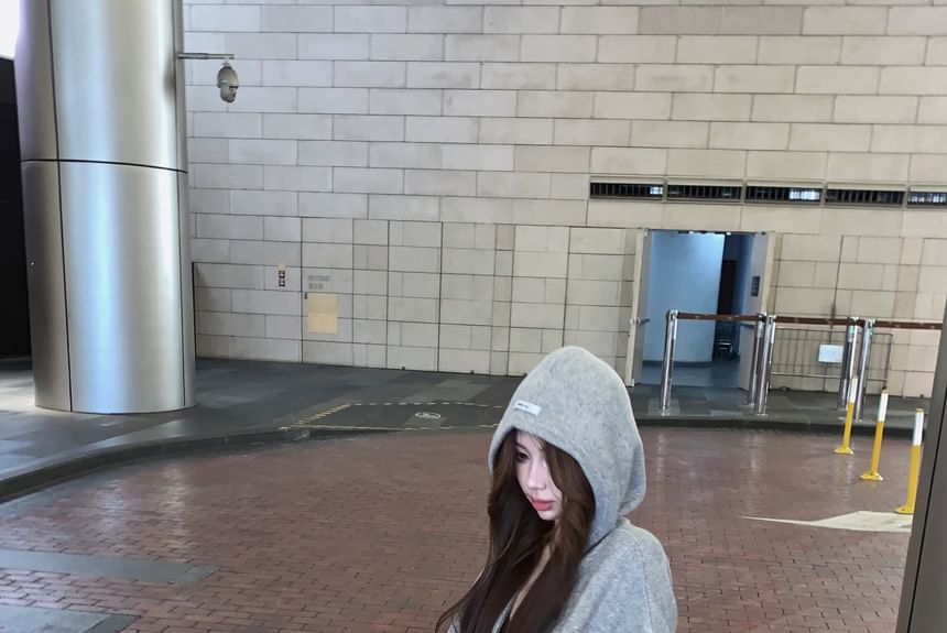 / Applique Shorts Rise Hoodie Knit Melange Zip Mid