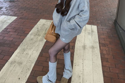 / Applique Shorts Rise Hoodie Knit Melange Zip Mid