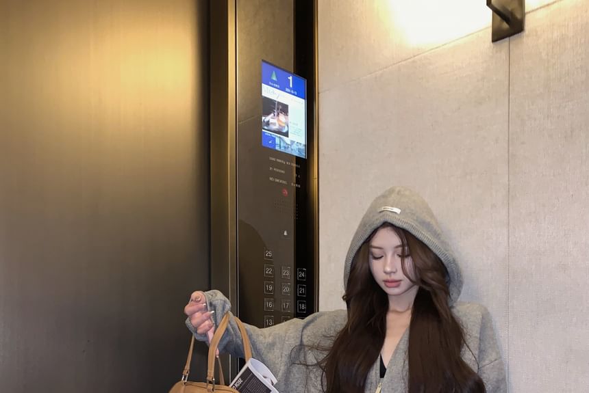 / Applique Shorts Rise Hoodie Knit Melange Zip Mid