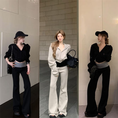 Hoodie / Zip Sweatpants Plain Drawstring Two High Tone Rise Bootcut Crop