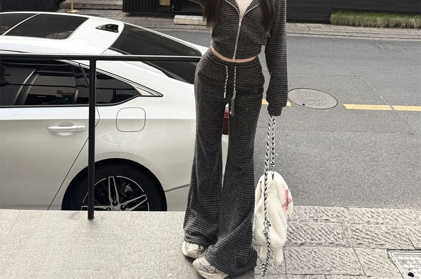 / Accent Drawstring Waist Devil Hoodie Crop Striped Zip Sweatpants Horn Bootcut