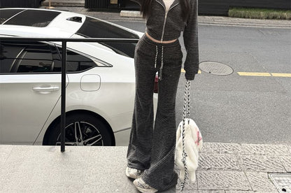 / Accent Drawstring Waist Devil Hoodie Crop Striped Zip Sweatpants Horn Bootcut