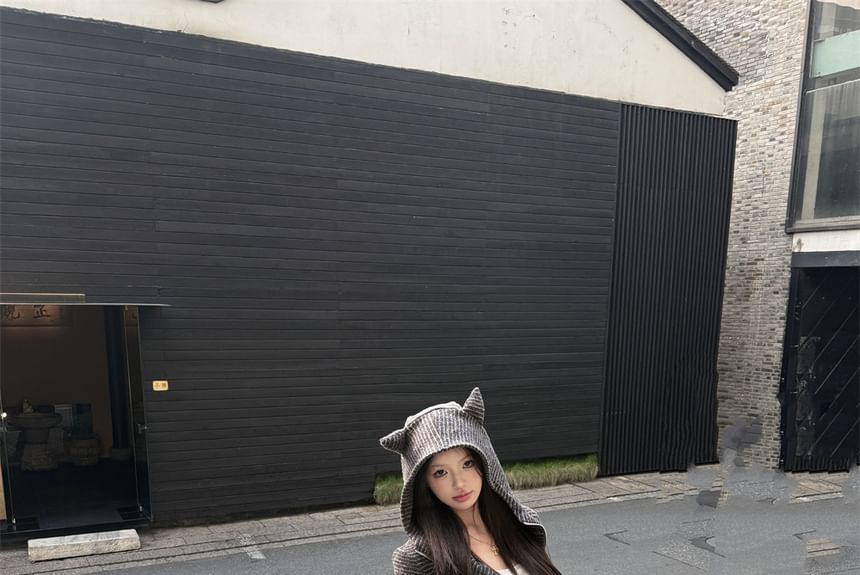 / Accent Drawstring Waist Devil Hoodie Crop Striped Zip Sweatpants Horn Bootcut