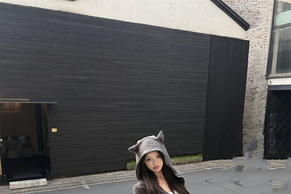 / Accent Drawstring Waist Devil Hoodie Crop Striped Zip Sweatpants Horn Bootcut