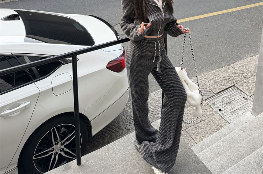 / Accent Drawstring Waist Devil Hoodie Crop Striped Zip Sweatpants Horn Bootcut