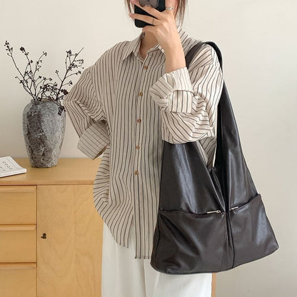 Multi-Pocket Leather Tote Bag Faux