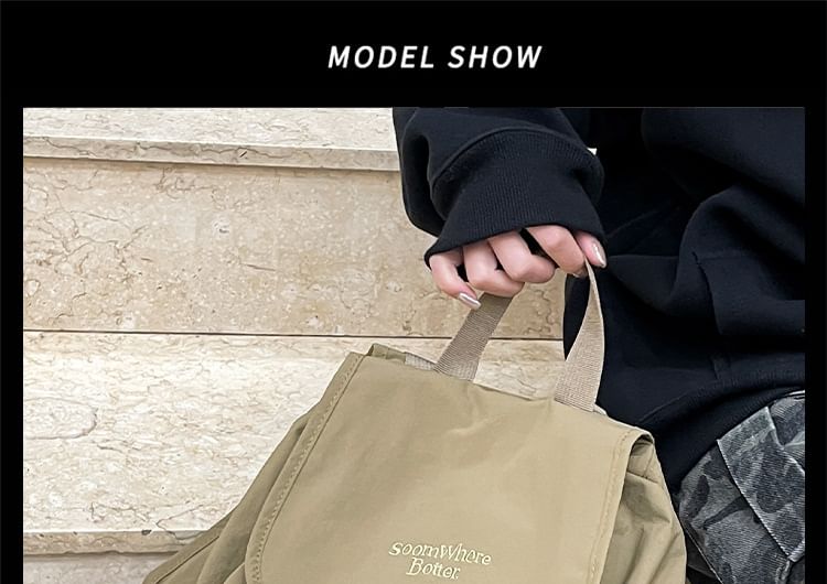 Embroidered Lettering Buckled Nylon Backpack Flap