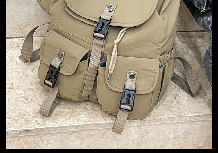 Embroidered Lettering Buckled Nylon Backpack Flap