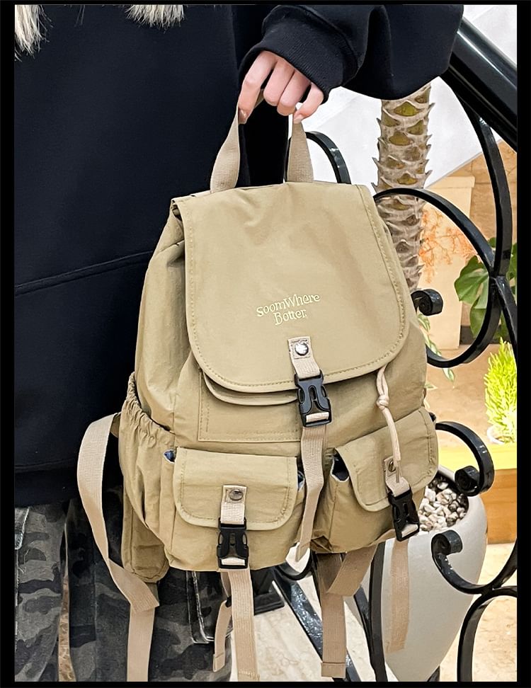 Embroidered Lettering Buckled Nylon Backpack Flap