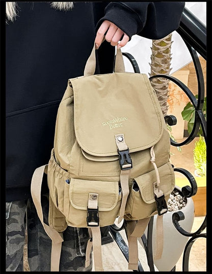 Embroidered Lettering Buckled Nylon Backpack Flap