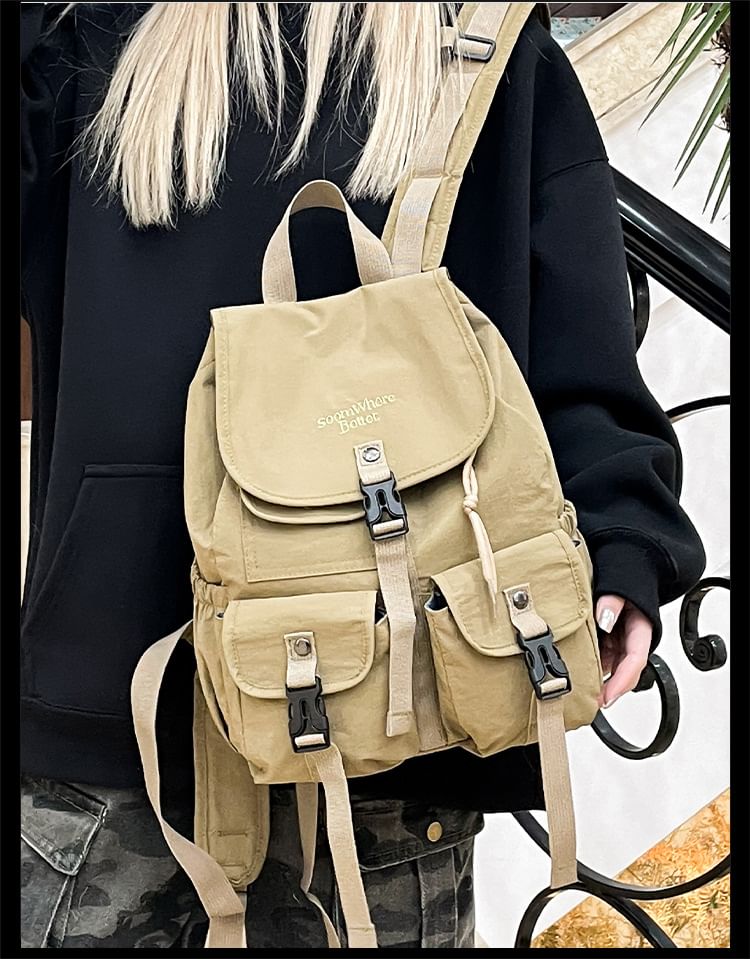 Embroidered Lettering Buckled Nylon Backpack Flap