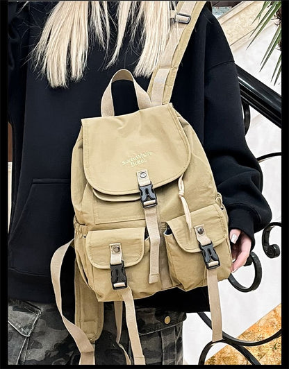 Embroidered Lettering Buckled Nylon Backpack Flap