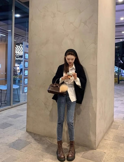 Plain Boots Leather Short Platform Faux Lace-Up