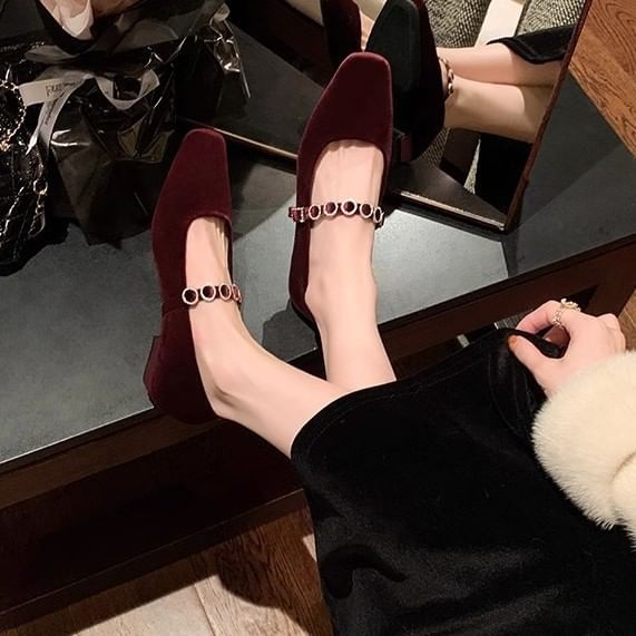 Accent Jane Rhinestone Heel Low Mary Pumps Velvet